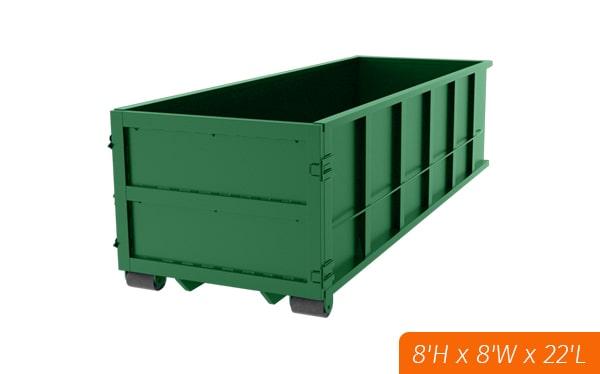 the forty-yard dumpsters are typically 22 feet long, 8 feet wide, and 8 feet tall